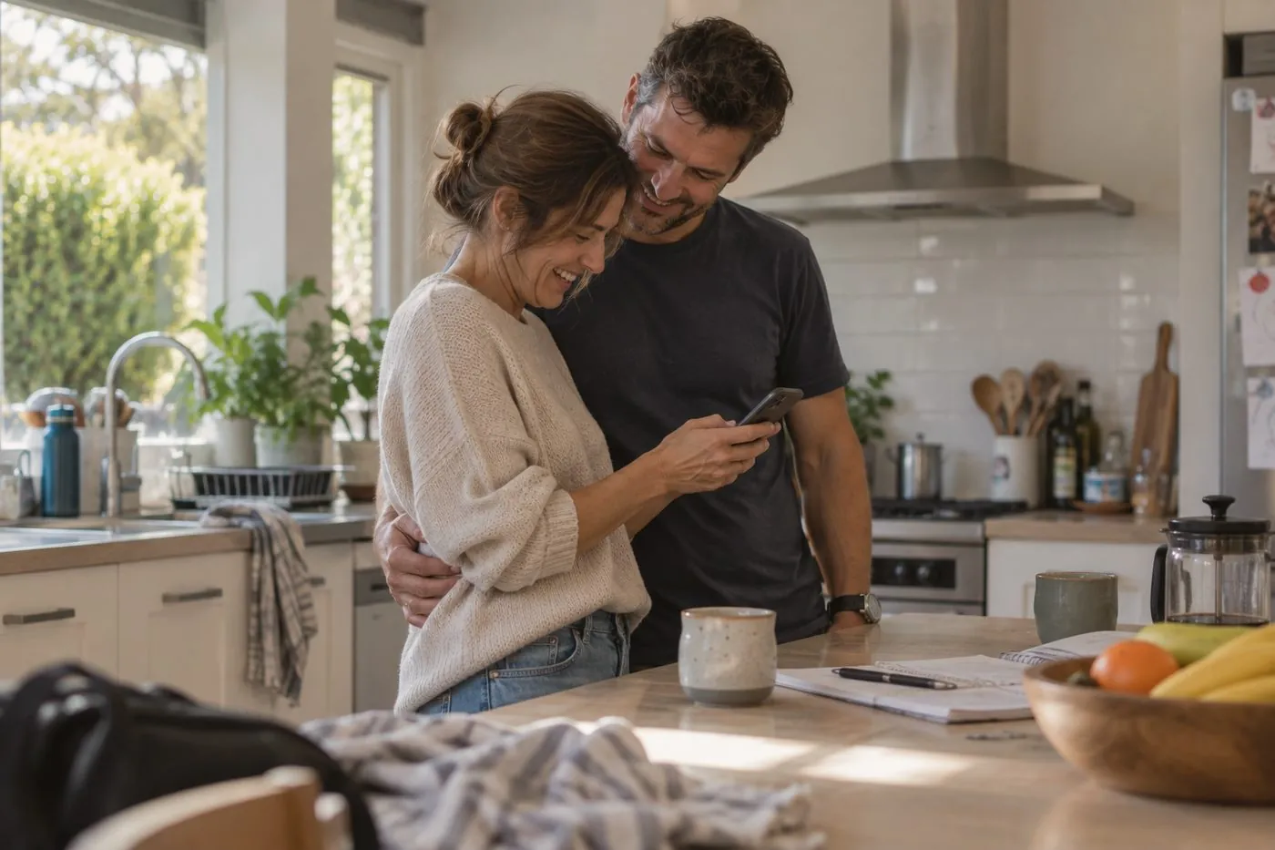 A couple laughing together in their kitchen