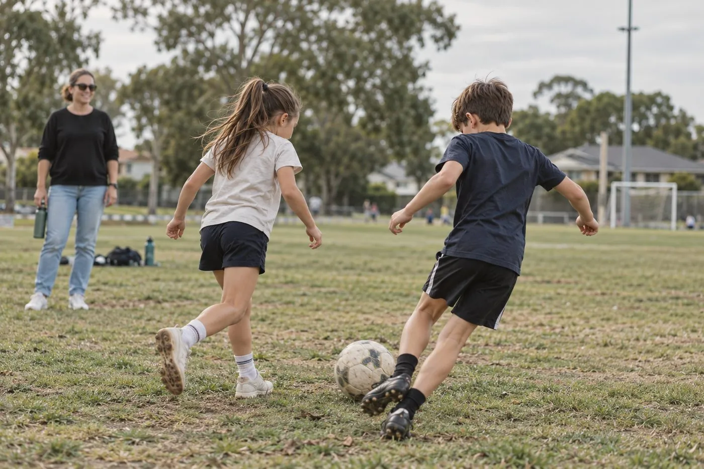 Two children playing soccer on a local oval while their mother watches